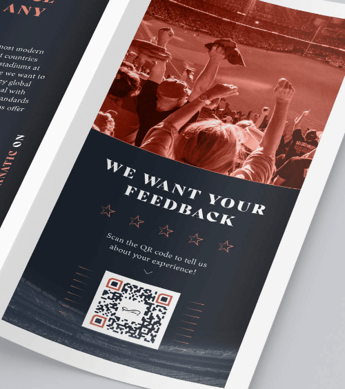 QR Code on a stadium brochure encouraging attendees to offer feedback.