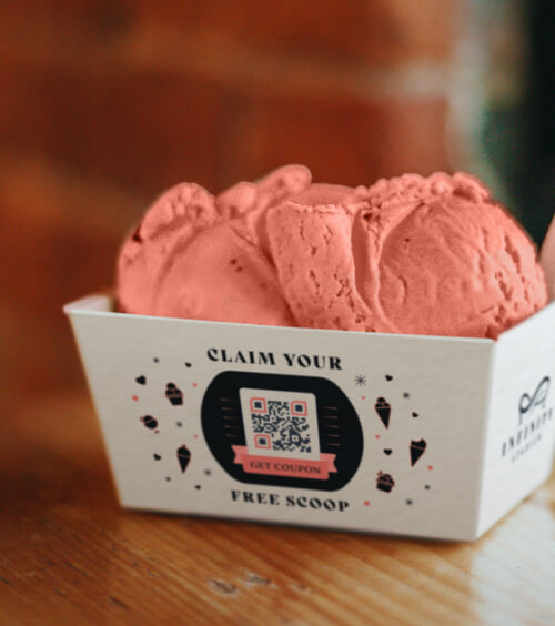 QR Code on an ice cream bowl promoting a discount.
