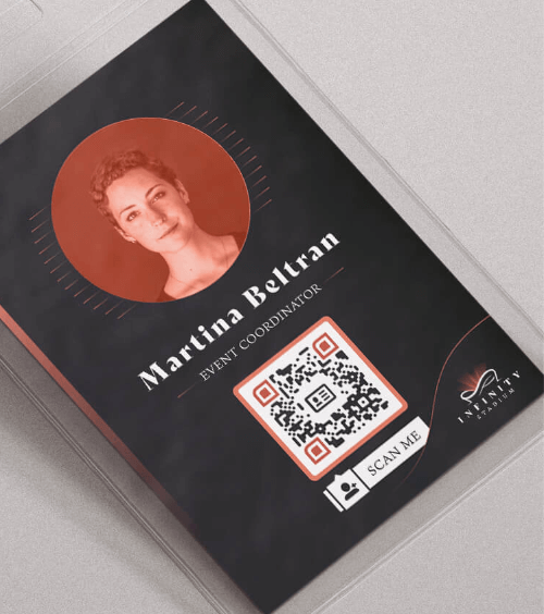 QR Code on an event badge connecting scanners to a person's vcard.