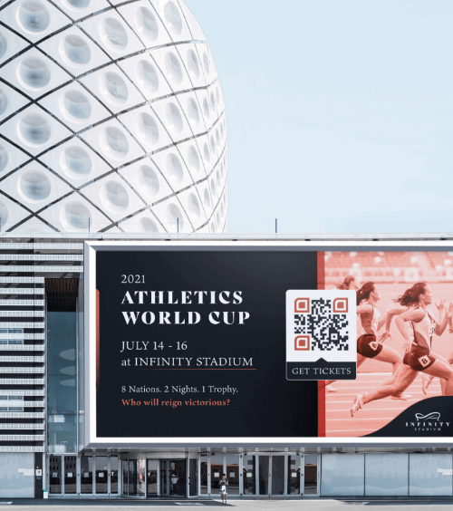 QR Code on a billboard linking to an online shop for people to purchase stadium event tickets.