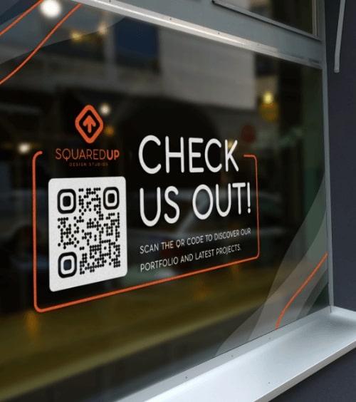 QR Code idea on a studio's office window that stores design portfolio
