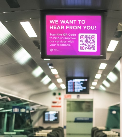 QR Code idea on a display inside a public transportation that asks for feedback
