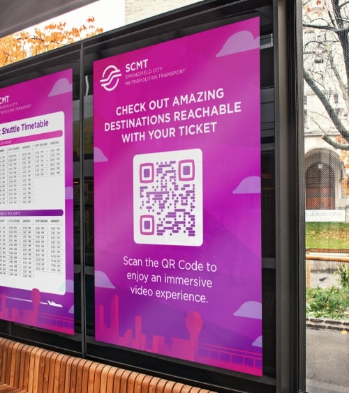 QR Code idea on a poster ad at a public transportation stand that promotes local destinations