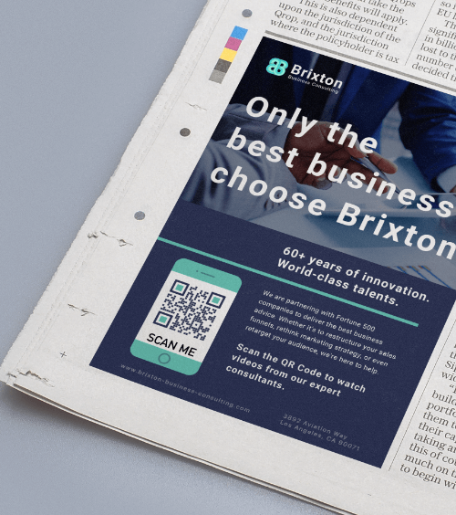 A newspaper advertisement from a business consulting firm with a QR Code that leads to a video playlist curated by the company.