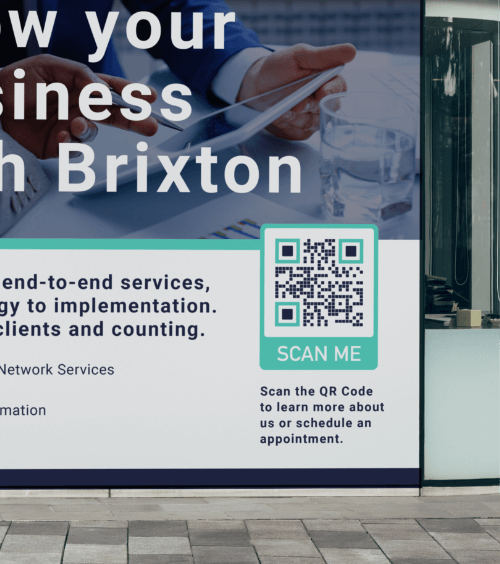 An office window of a business consulting firm with a QR Code that leads to detailed business information.