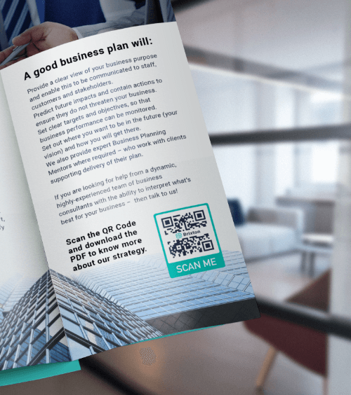 A brochure promoting business consultancy services with a QR Code that leads to a PDF file containing a company presentation.