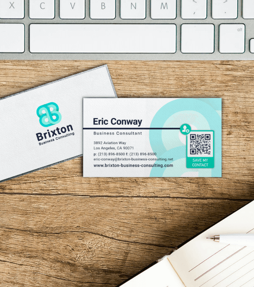 A business consultant’s business card with a vCard Plus QR Code that leads to the full contact information.