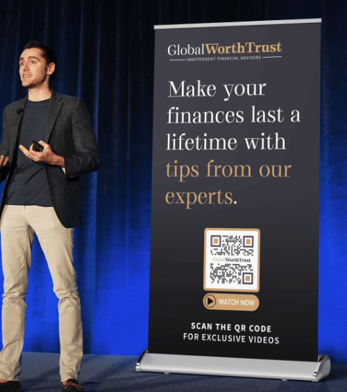 A banner at a conference promoting a financial advisory company’s exclusive videos via QR Code.