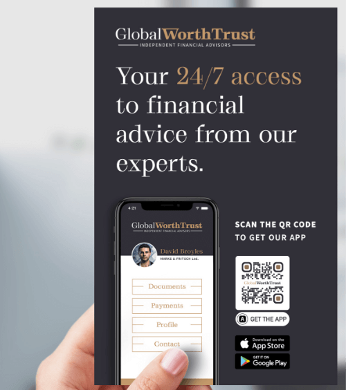 A flyer promoting a financial advisory company’s new app via a QR Code.