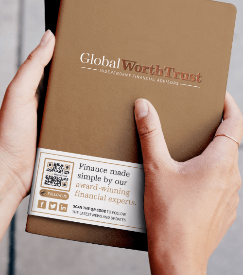 A custom notebook from a financial advisory company with a QR Code that lists all their social media channels.