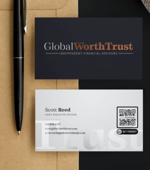 A business card of a financial advisory company’s CEO with a QR Code that contains detailed contact info.