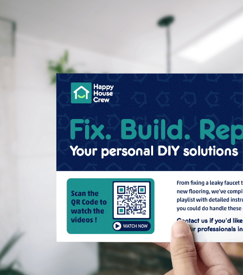 A flyer of a home repairs and maintenance company with a QR Code that displays a DIY repair video playlist.