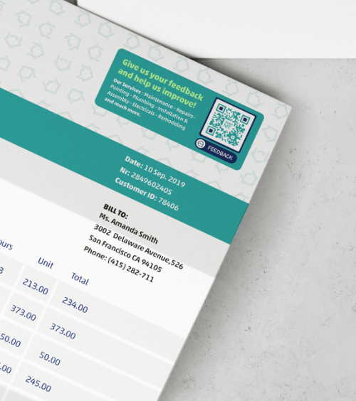 An invoice from a home repairs and maintenance company with a QR Code for customers to leave feedback once scanned.