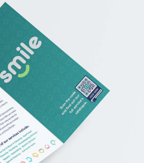 A flyer of a home repairs and maintenance company with a QR Code that leads to a PDF file that contains a full-service catalog.