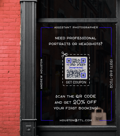 An office window of a photography studio with a QR Code that contains a discount coupon.