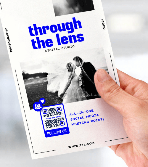 A flyer from a photography studio with a QR Code that displays their social media channels.