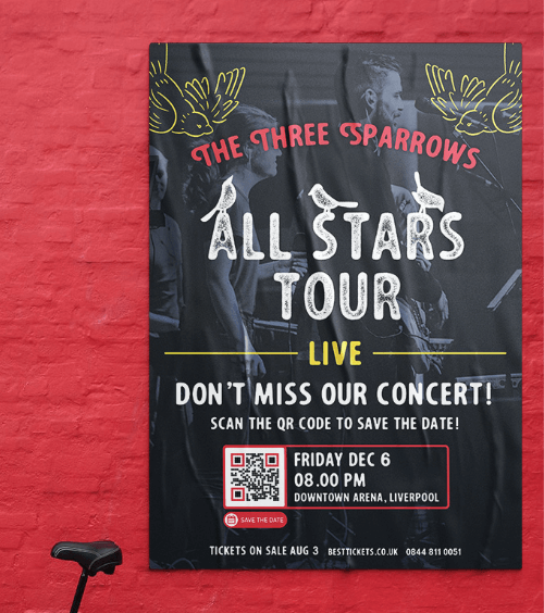 A poster of a band’s concert announcement with a QR Code that contains detailed event information.