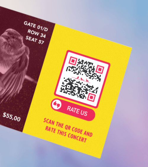 A ticket for a band’s concert with a QR Code for attendees to leave their feedback after an event.