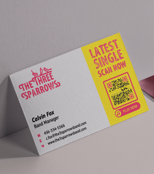 A business card of a band manager with a QR Code that links to a music sample in MP3 format.