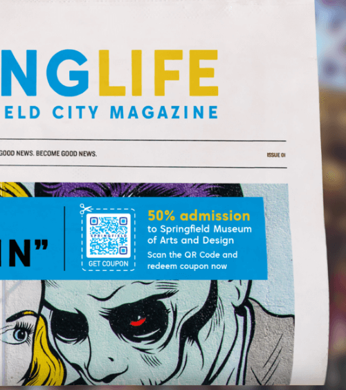 A local city newspaper with a QR Code that contains a redeemable coupon for a museum entrance.