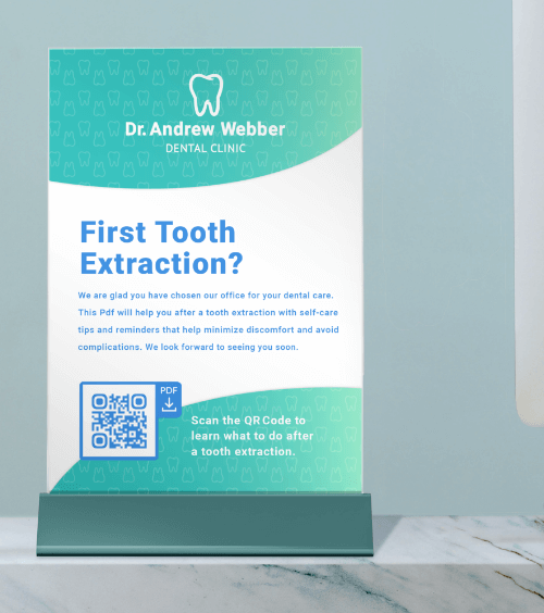 Table tent with information for patients about the first tooth extraction including a QR Code with a custom frame