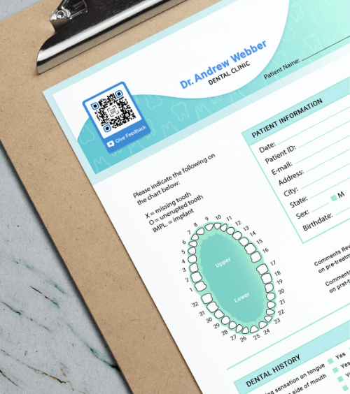 Clipboard with a form for collecting patient information including a QR Code with a