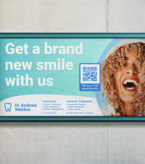 Poster for Dr. Andrew Webber´s dental clinic outside of a building, including a QR Code with a custom frame