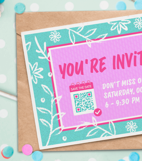 Table decorated with confetti and a birthday invitation including a QR Code with a “Save the date” frame