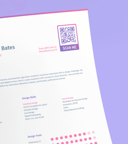 CV on a sheet of paper with a QR Code including a “Scan me” frame in the top right corner