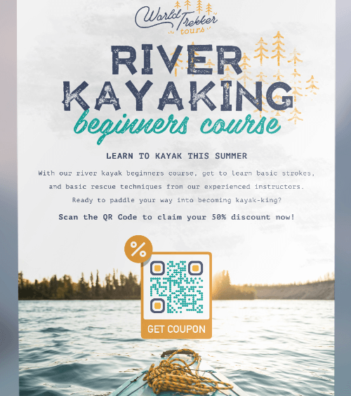 A promotional flyer for a river kayaking beginners course with a QR Code that gives customers a 50 percent coupon when scanned