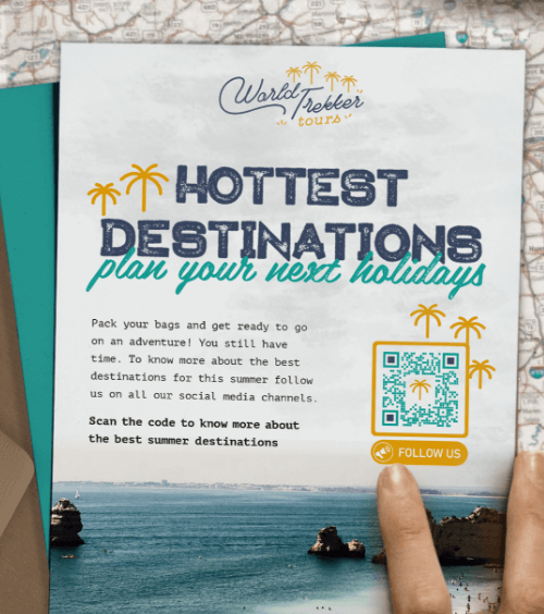 A mailed postcard from a travel agency with a QR Code that spurs customers to follow them on social media