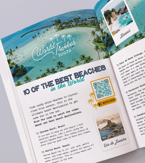 A magazine article accompanied by a QR Code that allows readers to scan to watch videos of the 10 best beaches in the world