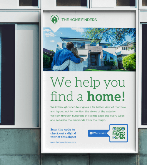 An outdoor poster by a real estate agent with a QR Code that redirects users to watch a video playlist of available properties.