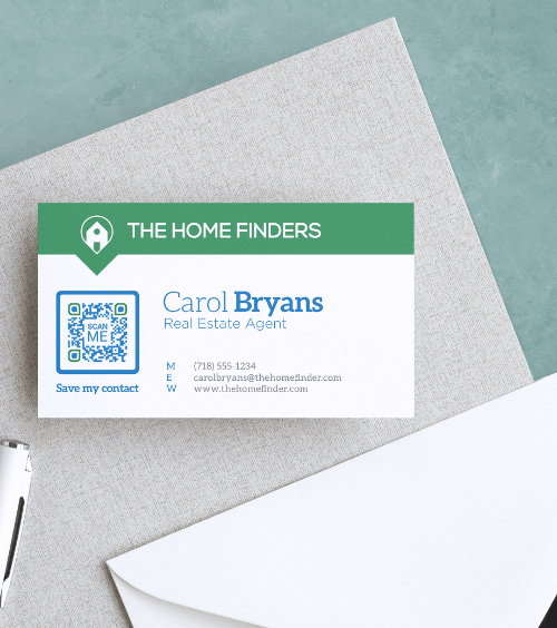 A business card of a real estate agent with a QR Code that lets users save contact details such as phone number and email address quickly.