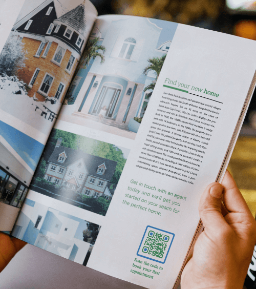 A magazine advertisement with a QR Code that redirects users to a real estate agent’s business page.