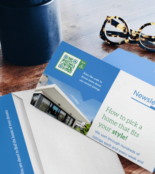 A print newsletter from a real estate agent to customers with a QR Code that redirects users to view a PDF about the latest available properties.