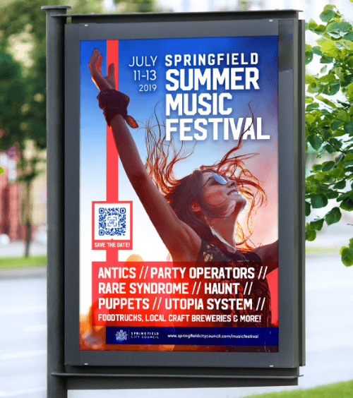 An outdoor advertisement that promotes a city’s event with a QR Code that lets people view and save event details when scanned.