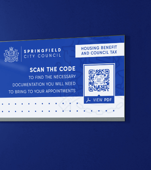 A signage at a government office with a QR Code that contains a PDF file that lists important documents needed for appointments.