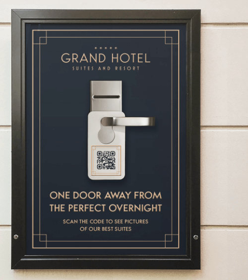 An outdoor poster promoting a hotel with a QR Code that shows images of the hotel facilities in a gallery style.