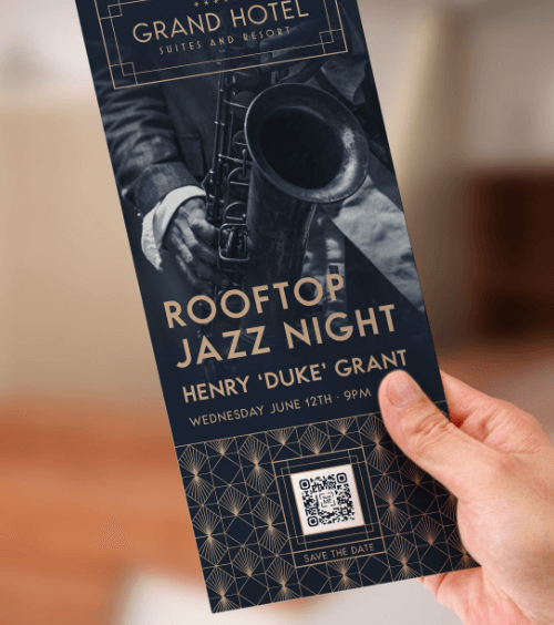 A promotional flyer with a QR Code that contains information for an event at a hotel.