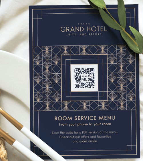 A room service menu at a hotel with a QR Code that contains a PDF version of the menu.