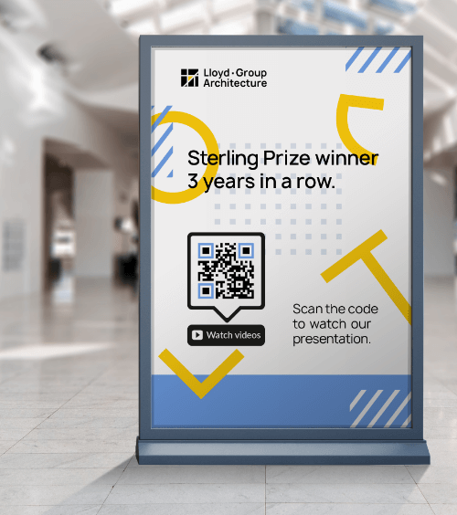 A poster at a trade show that promotes a business presentation with a QR Code that redirects users to a video playlist.