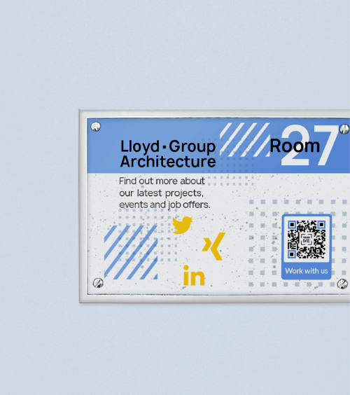 An office door sign with a QR Code that displays all social media channels for a company on one page when scanned.