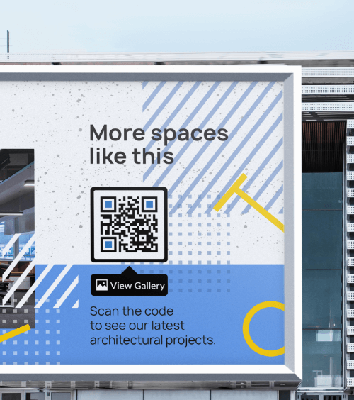 An outdoor billboard that promotes business projects with a QR Code that redirects users to an image gallery of work portfolio.