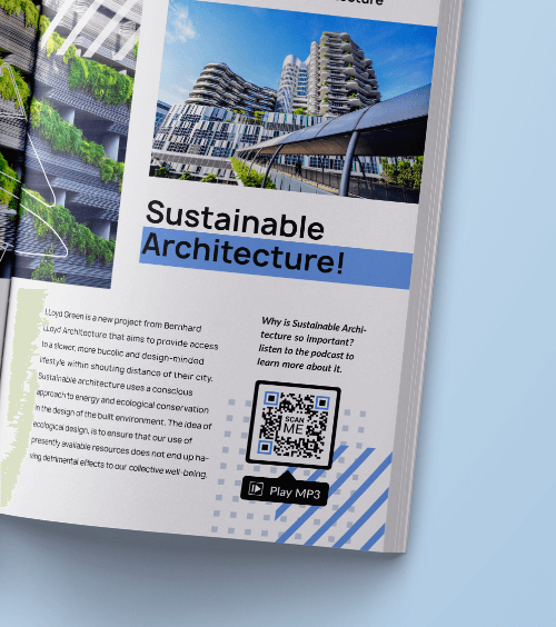 A magazine advertisement with a QR Code that redirects users to a podcast in an MP3 format when scanned.