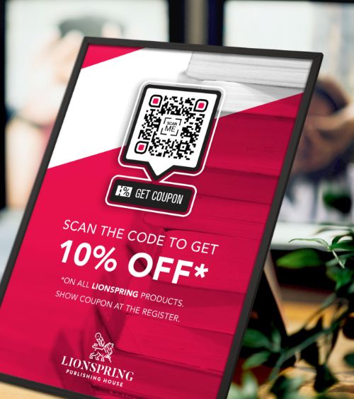 A table tent with a QR Code that offers readers a discount coupon when scanned.