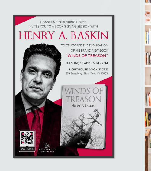 An outdoor poster that promotes a book launch event with a QR Code that redirects users to all the event information when scanned.