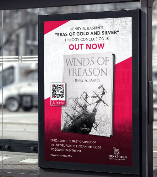An outdoor advertisement for a new book with a QR Code that gives a free preview of the book.