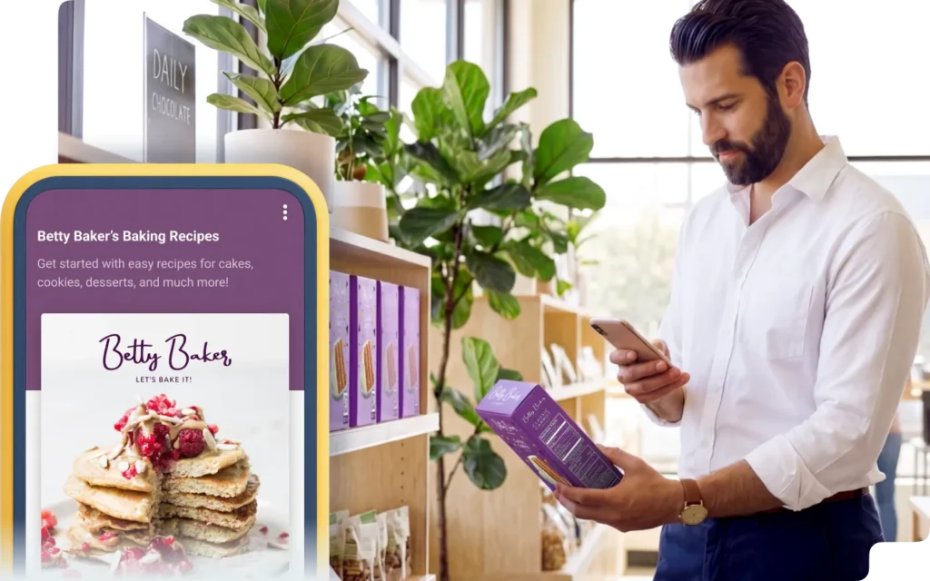 A purple package of a dark chocolate hazelnut bar with a QR Code printed on it.