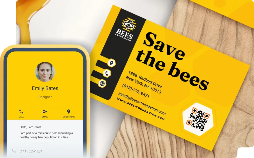 A man from fictional non-profit brand, Bees Foundation, prompts an audience to scan the QR Code image.